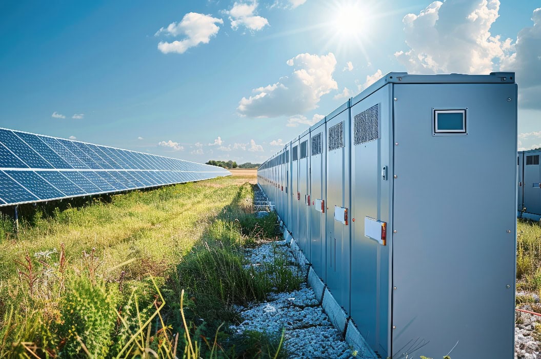 Batteriespeichersystem neben einem Photovoltaik-Kraftwerk