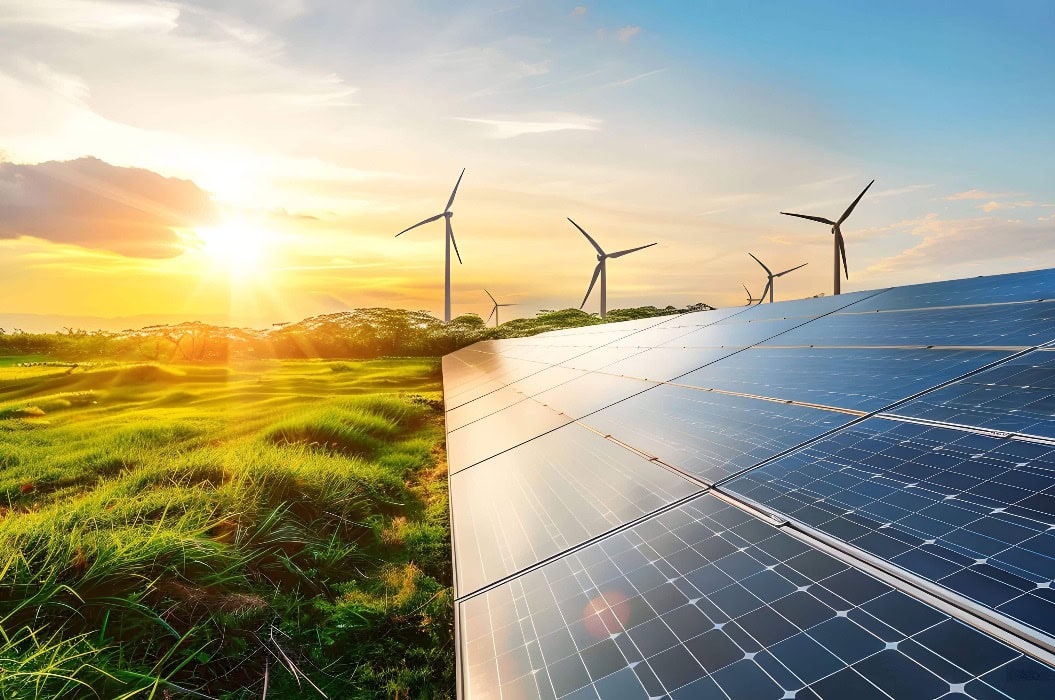 Eine Solarzellenfarm steht auf einem offenen Feld mit Windturbinen